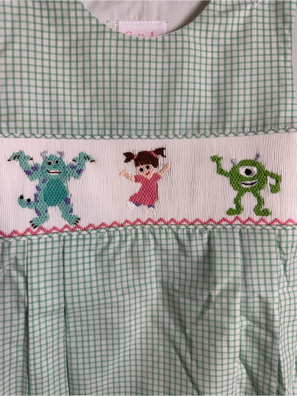 Smocked Monsters Inc. Green Check Baby One-Piece Bodysuit - Picture 2 of 3
